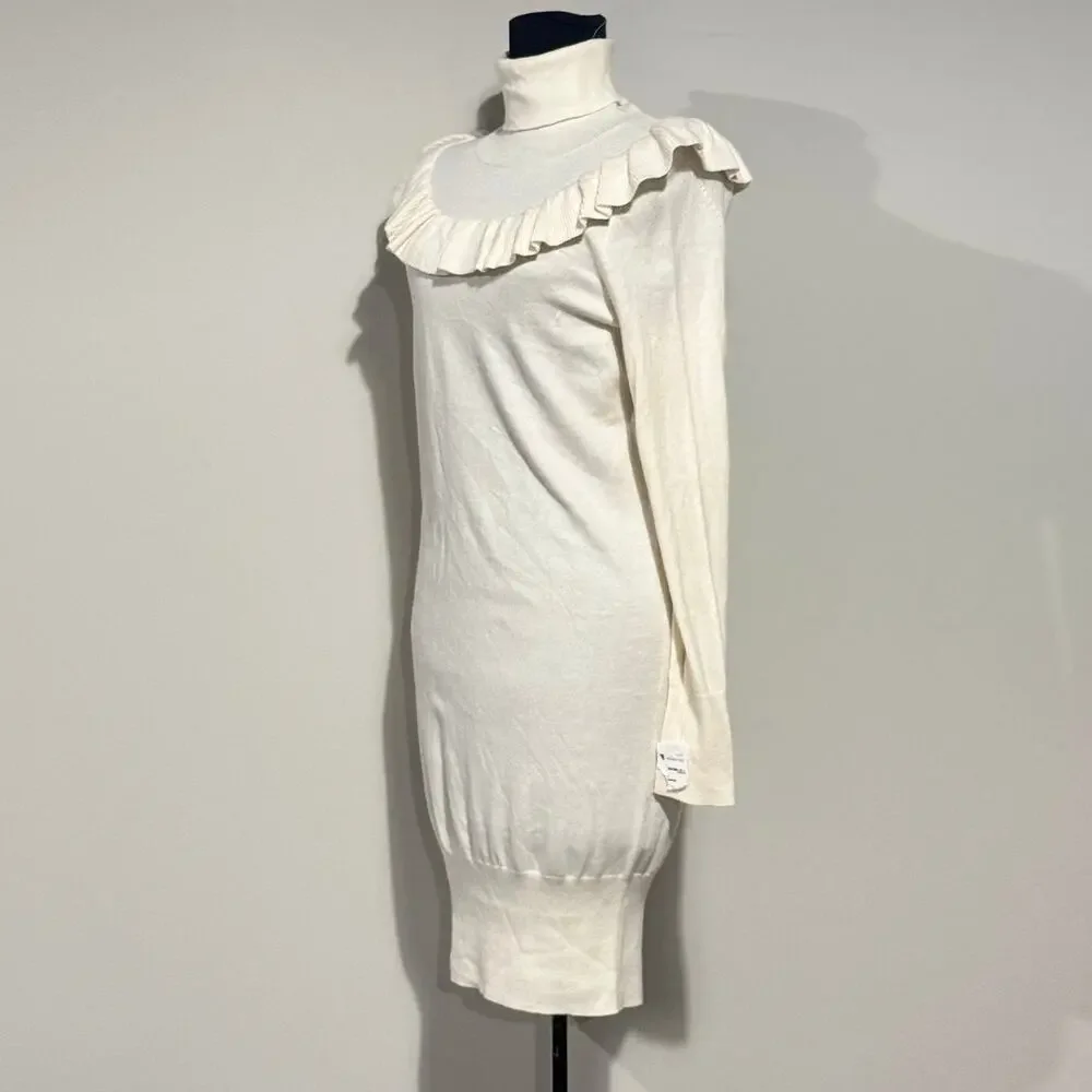 Leith NWT Womens Dress Ivory Long Sleeve Knit Turtleneck Ruffle Yoke XS SoftGirl